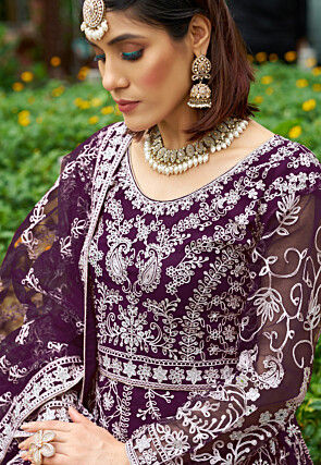 Embroidered Net Abaya Style Suit in Purple