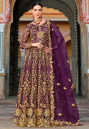 Embroidered Net Abaya Style Suit in Purple