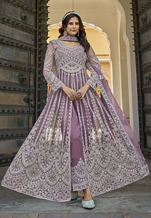 Embroidered Net Abaya Style Suit in Purple