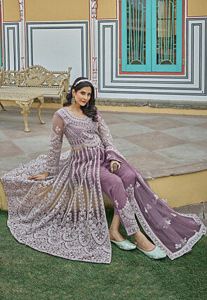 Embroidered Net Abaya Style Suit in Purple