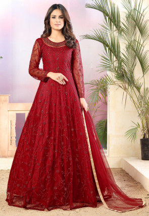 Embroidered Net Abaya Style Suit in Red