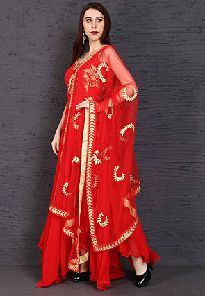 Embroidered Net Abaya Style Suit in Red
