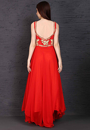 Embroidered Net Abaya Style Suit in Red