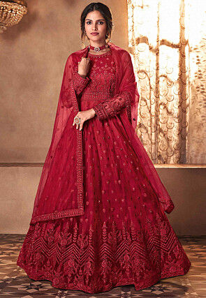 Embroidered Net Abaya Style Suit in Red