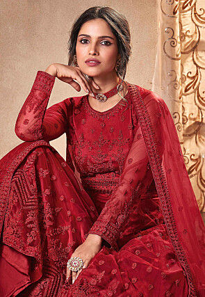 Embroidered Net Abaya Style Suit in Red
