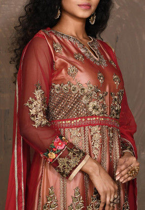 Embroidered Net Abaya Style Suit in Red