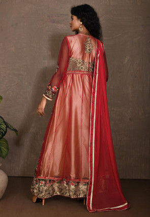 Embroidered Net Abaya Style Suit in Red
