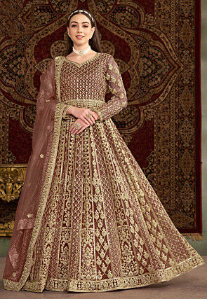 Embroidered Net Abaya Style Suit in Rose Gold