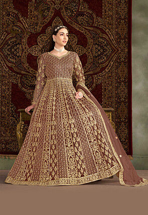 Embroidered Net Abaya Style Suit in Rose Gold