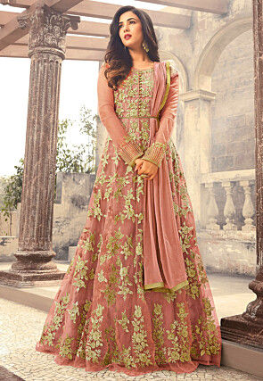 Embroidered Net Abaya Style Suit in Rose Gold