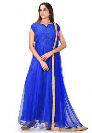 Embroidered Net Abaya Style Suit in Royal Blue