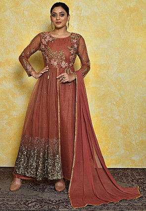 Embroidered Net Abaya Style Suit in Rust