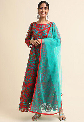 Embroidered Net Abaya Style Suit in Sea Green and Red