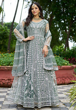 Embroidered Net Abaya Style Suit in Sea Green