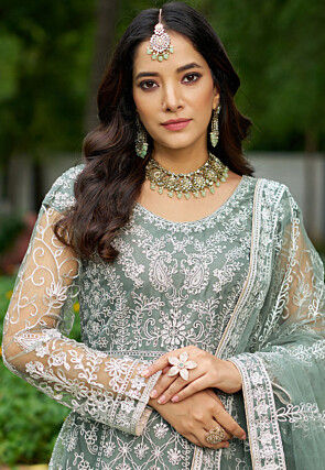 Embroidered Net Abaya Style Suit in Sea Green