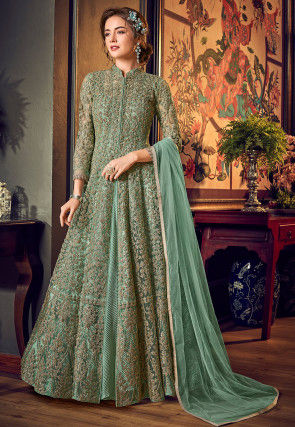 Embroidered Net Abaya Style Suit in Sea Green