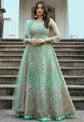 Embroidered Net Abaya Style Suit in Sea Green