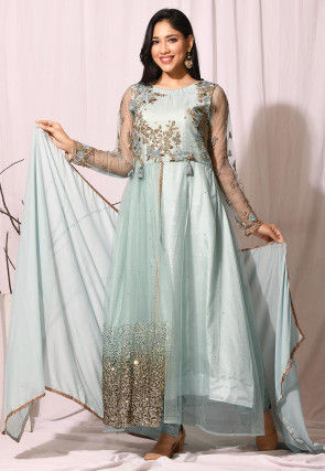 Embroidered Net Abaya Style Suit in Sea Green