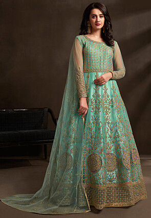 Embroidered Net Abaya Style Suit in Sea Green