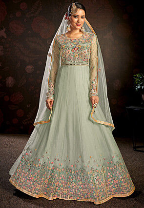 Embroidered Net Abaya Style Suit in Sea Green