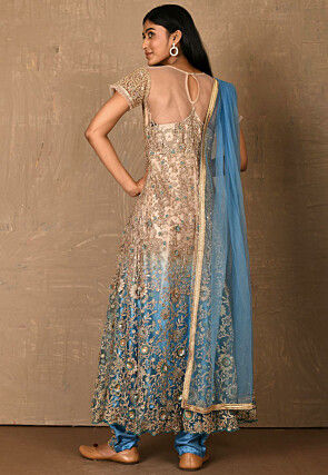 Embroidered Net Abaya Style Suit in Shaded Beige and Blue