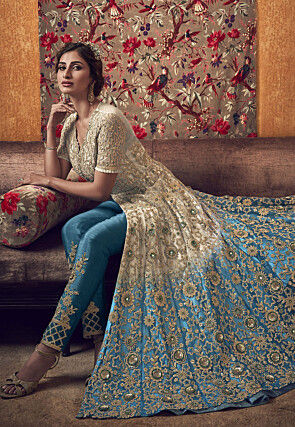 Embroidered Net Abaya Style Suit in Shaded Beige and Blue