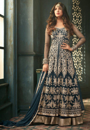 Embroidered Net Abaya Style Suit in Teal Blue