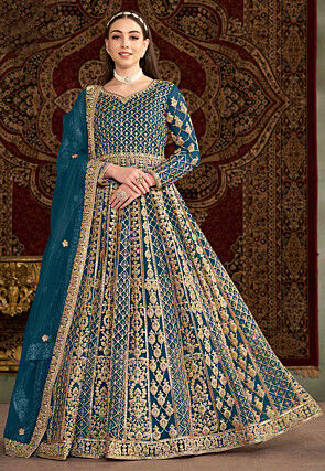 Embroidered Net Abaya Style Suit in Teal Blue