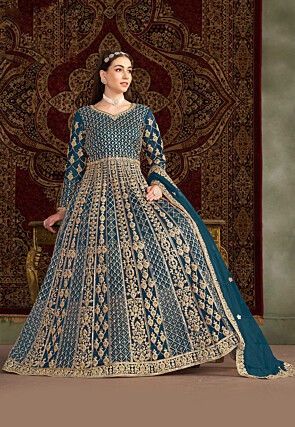 Embroidered Net Abaya Style Suit in Teal Blue