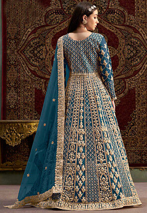 Embroidered Net Abaya Style Suit in Teal Blue