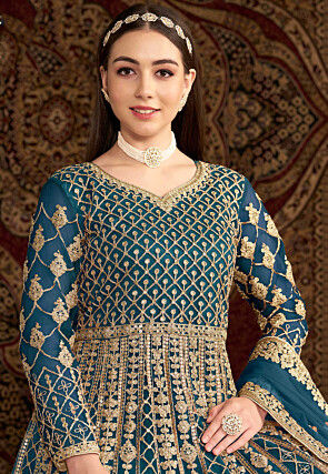 Embroidered Net Abaya Style Suit in Teal Blue