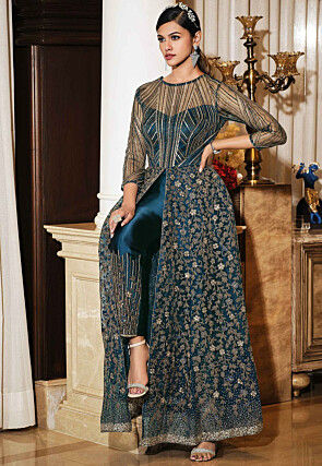 Embroidered Net Abaya Style Suit in Teal Blue