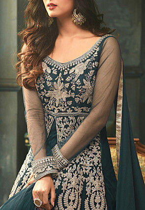 Embroidered Net Abaya Style Suit in Teal Blue