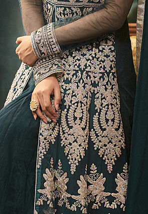 Embroidered Net Abaya Style Suit in Teal Blue