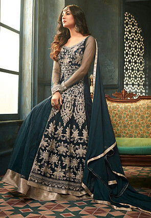 Embroidered Net Abaya Style Suit in Teal Blue