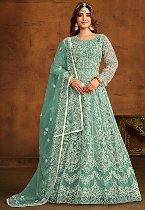 Embroidered Net Abaya Style Suit in Teal Green