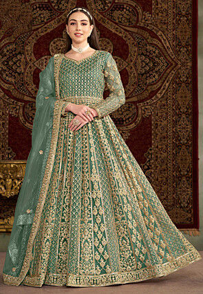 Embroidered Net Abaya Style Suit in Teal Green