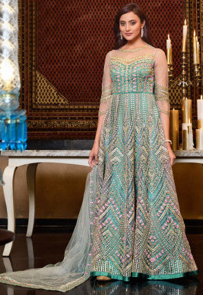 Embroidered Net Abaya Style Suit in Turquoise