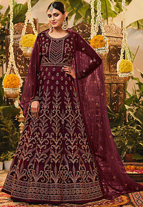 Embroidered Net Abaya Style Suit in Wine