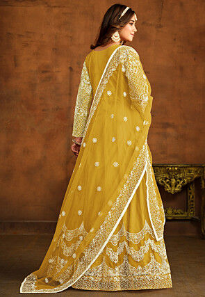 Embroidered Net Abaya Style Suit in Yellow