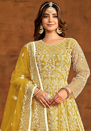 Embroidered Net Abaya Style Suit in Yellow