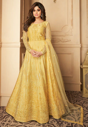Embroidered Net Abaya Style Suit in Yellow