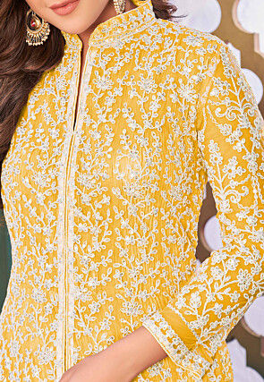 Embroidered Net Abaya Style Suit in Yellow