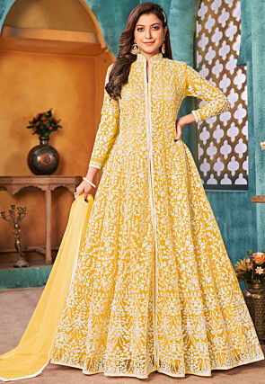 Embroidered Net Abaya Style Suit in Yellow