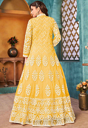Embroidered Net Abaya Style Suit in Yellow