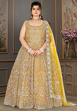 Embroidered Net Abaya Style Suit in Yellow