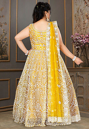Embroidered Net Abaya Style Suit in Yellow