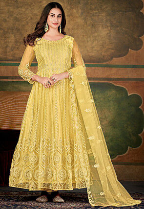 Embroidered Net Abaya Style Suit in Yellow