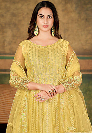 Embroidered Net Abaya Style Suit in Yellow