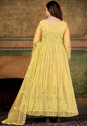 Embroidered Net Abaya Style Suit in Yellow